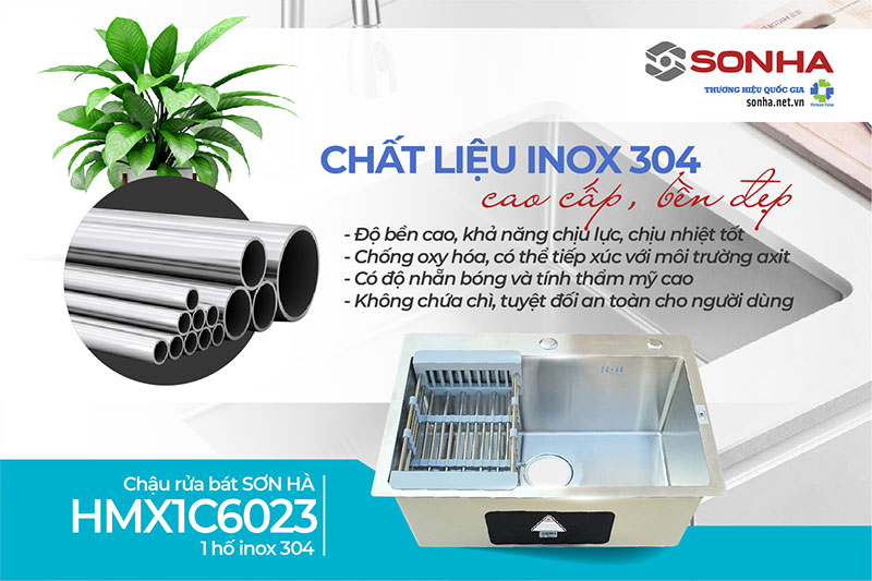 Bồn rửa chén 1 hộc Sơn Hà HMX1C6023 làm từ inox 304