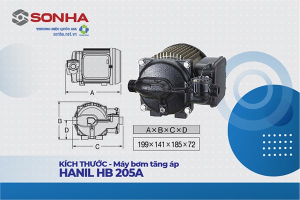 Kích thước máy bơm tăng áp Hanil HB-205A 