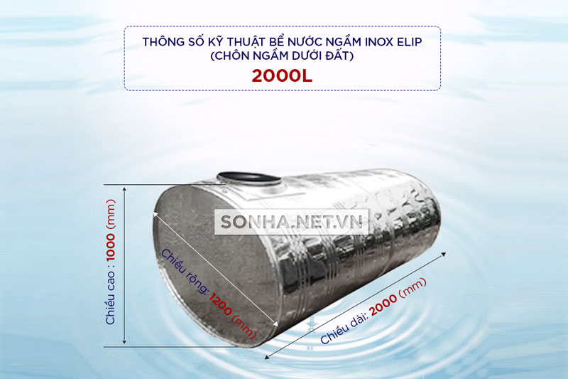 Thông số kỹ thuật bể nước ngầm inox Elip 2000L