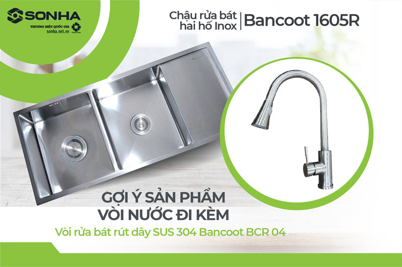 Chậu rửa bát đúc 2 hố Bancoot 1605R và vòi Bancoot BCR04