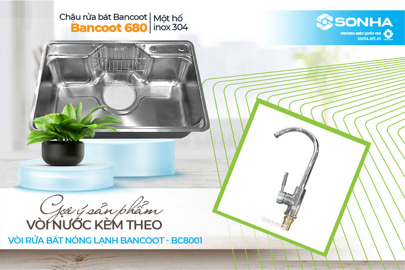 Bộ đôi chậu rửa chén 1 hộc HQ Bancoot 680 và vòi Bancoot BC 8001