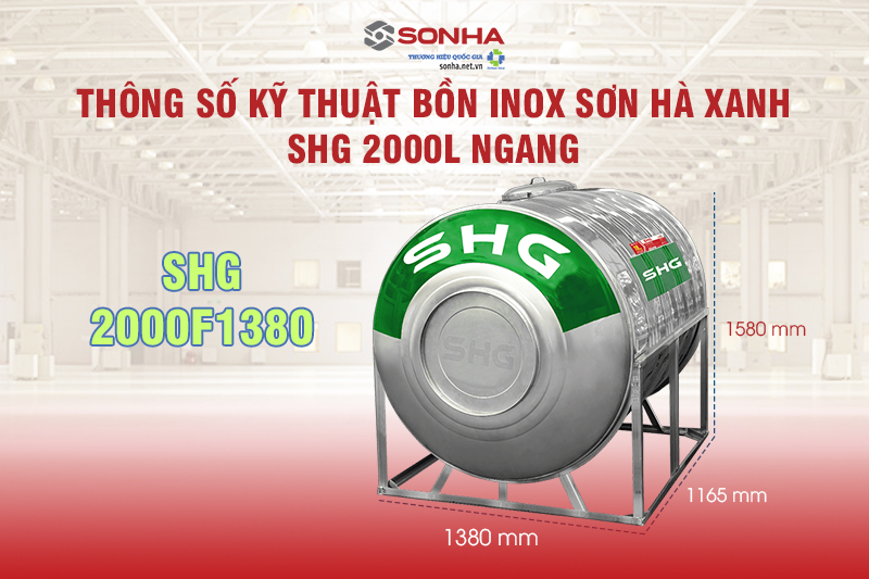 Thông số kỹ thuật Bồn nước Inox Sơn Hà Xanh SHG 2000L Ngang - SHG2000F1380