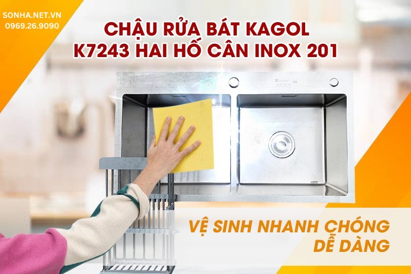 Bề mặt chậu K7243 cân 2 hố inox 201 nhẵn bóng, vệ sinh dễ dàng