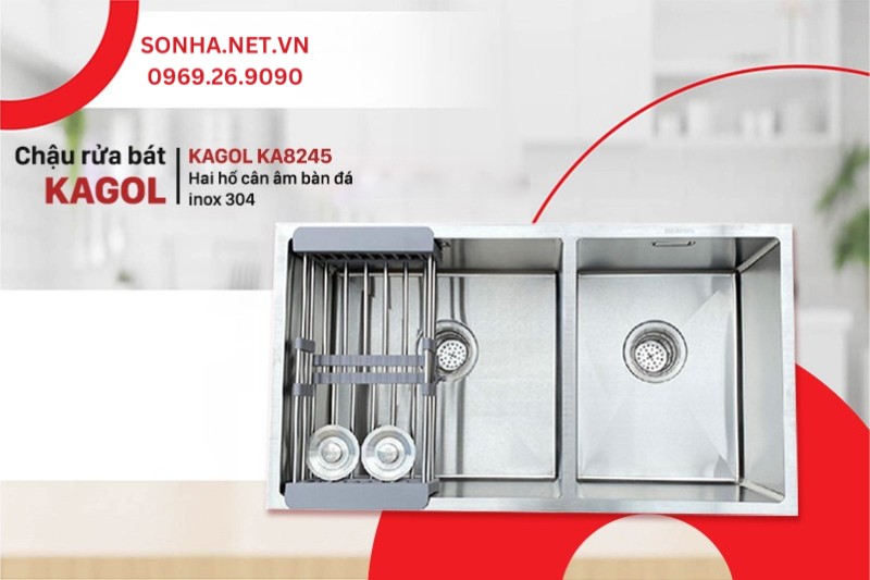Chậu rửa b&aacute;t KAGOL KA8245-C&acirc;n 304 hai hố c&acirc;n &acirc;m b&agrave;n đ&aacute; Inox 304