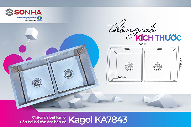 Kích thước chậu Kagol KA7843 hai hố cân