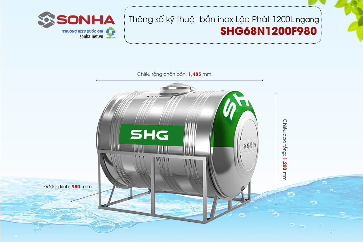 Thông số bồn inox Lộc Phát 1200L ngang