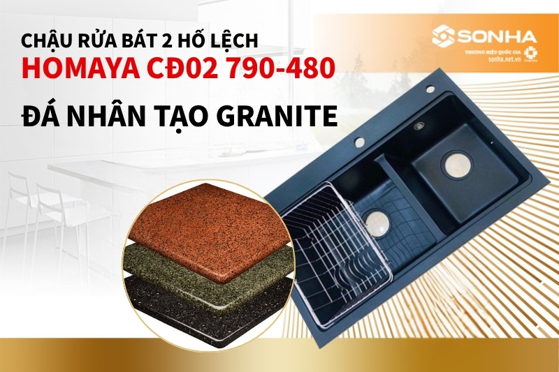 Chậu rửa bát 2 hố lệch Homaya CĐ02 được chế tạo từ đá nhân tạo Granite