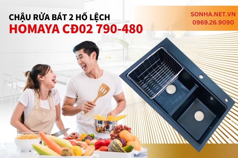 Si&ecirc;u phẩm chậu rửa b&aacute;t đ&aacute; Homaya 2 hố lệch CĐ02