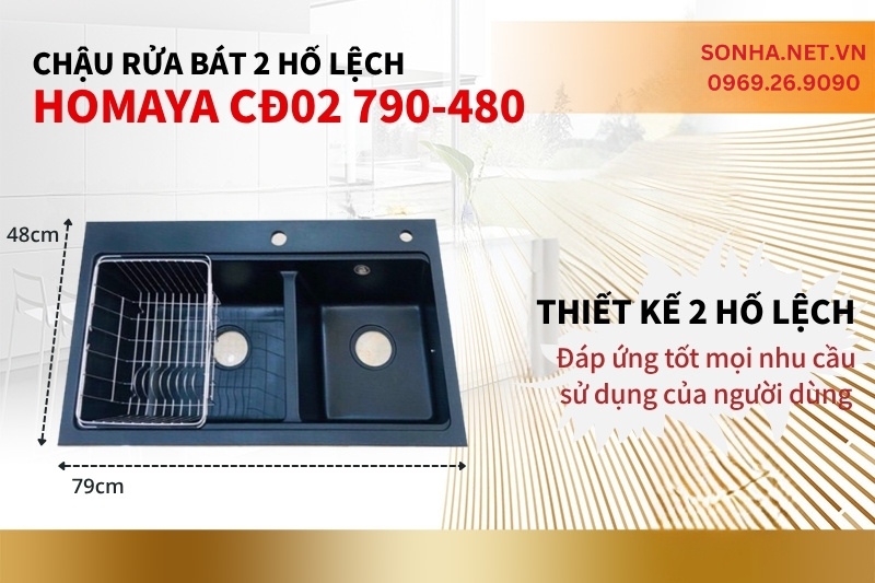 Chậu rửa b&aacute;t đ&aacute; Homaya CĐ02 c&oacute; thiết kế 2 hố lệch tiện dụng