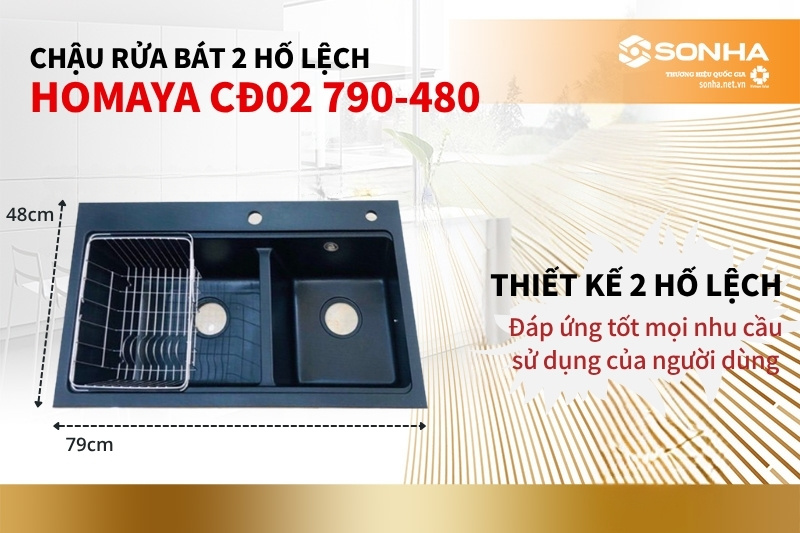 Chậu rửa bát đá Homaya CĐ02 có thiết kế 2 hố lệch tiện dụng