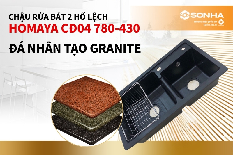 Chậu rửa bát 2 hố lệch Homaya CĐ04 được chế tạo từ đá nhân tạo Granite