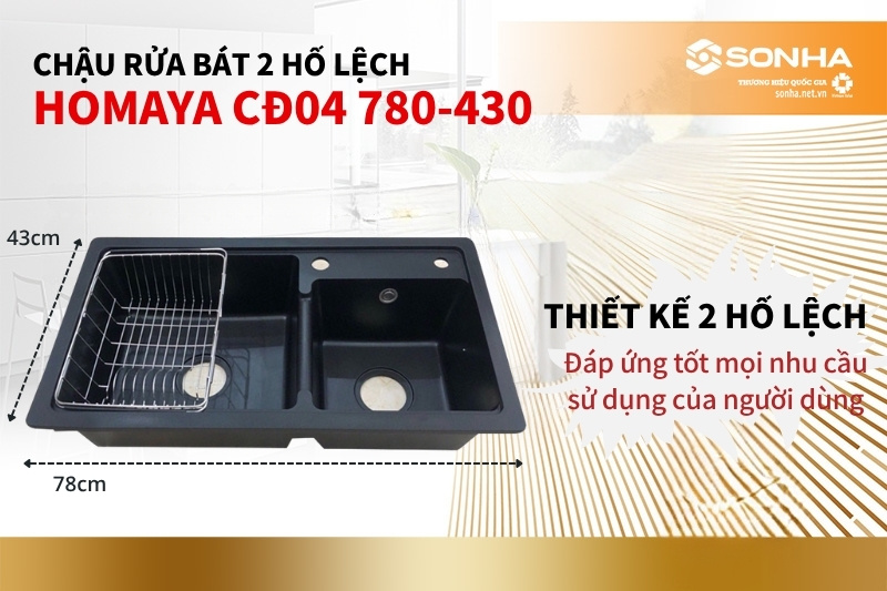 Chậu rửa bát đá Homaya CĐ04 có thiết kế 2 hố lệch với kích thước khác nhau