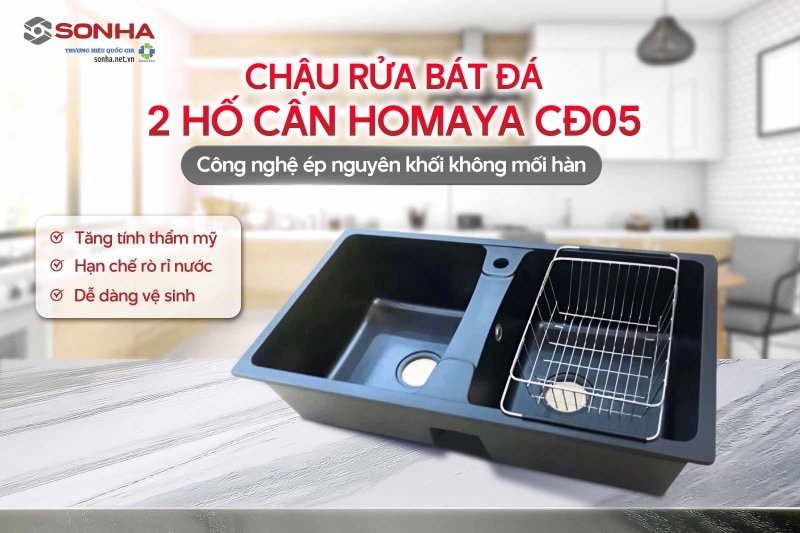 Bồn rửa bát 2 hộc Homaya CĐ05 sản xuất theo công nghệ ép nguyên khối