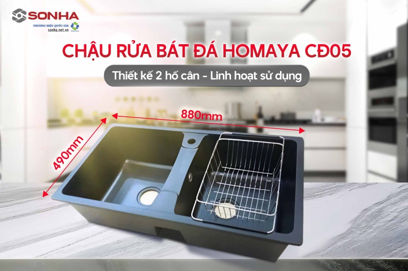 Bồn rửa chén đá Homaya CĐ05 có thiết kế 2 hố cân