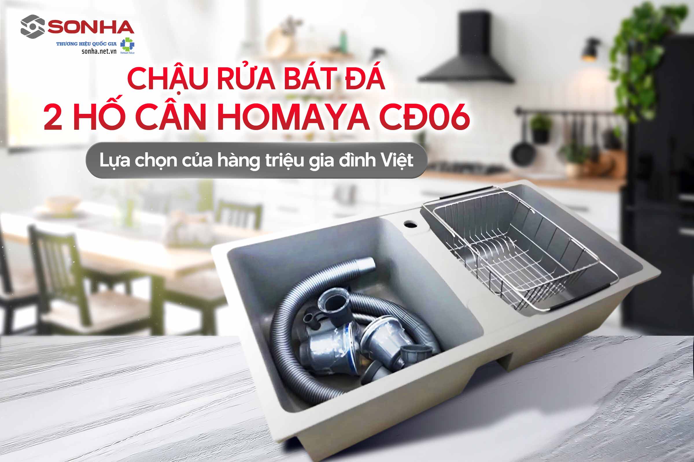 Siêu phẩm chậu rửa bát đá 2 hố cân Homaya CĐ06 880-490
