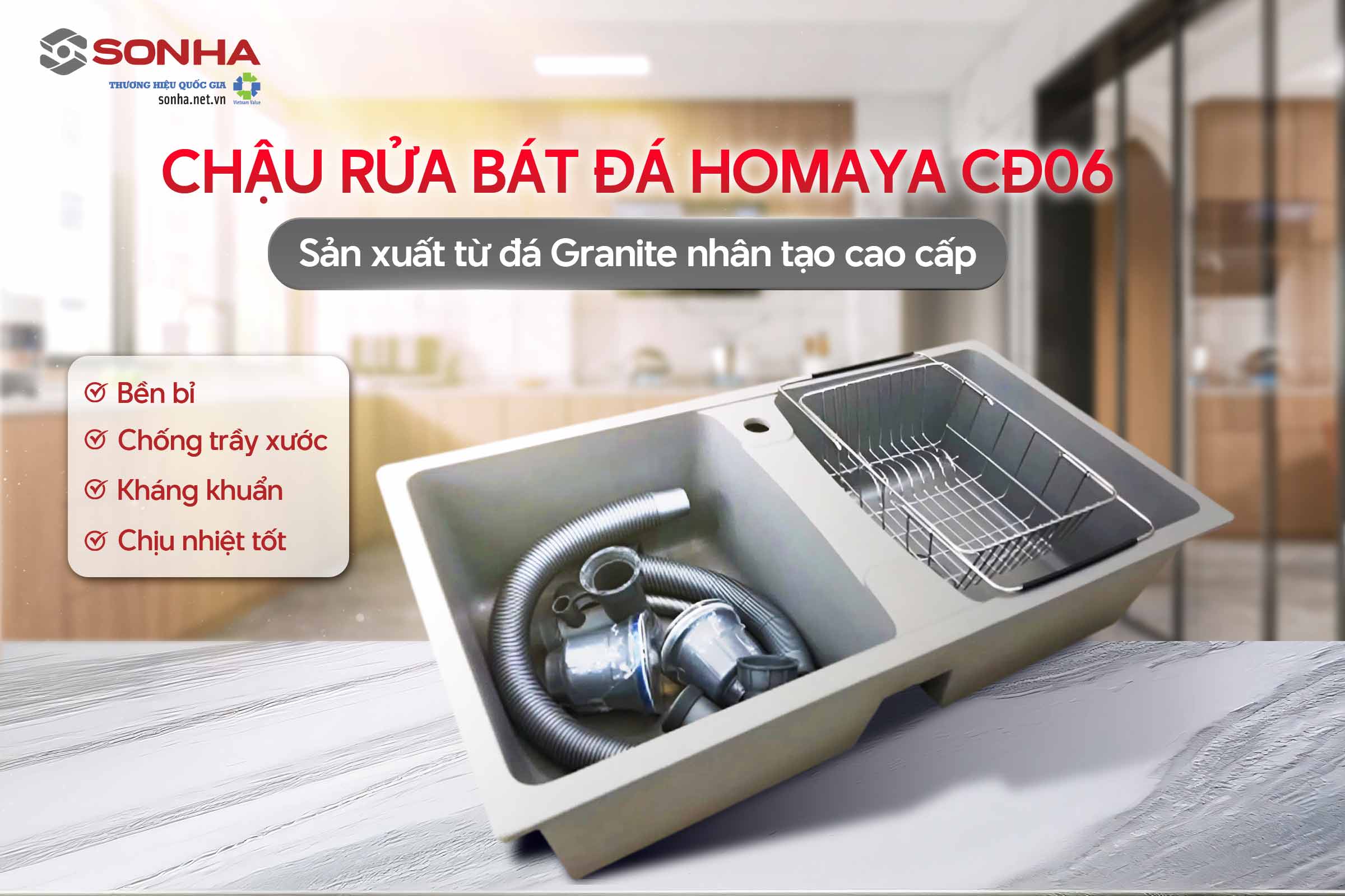Bồn rửa chén bát Homaya CĐ06 được sản xuất từ chất liệu đá nhân tạo