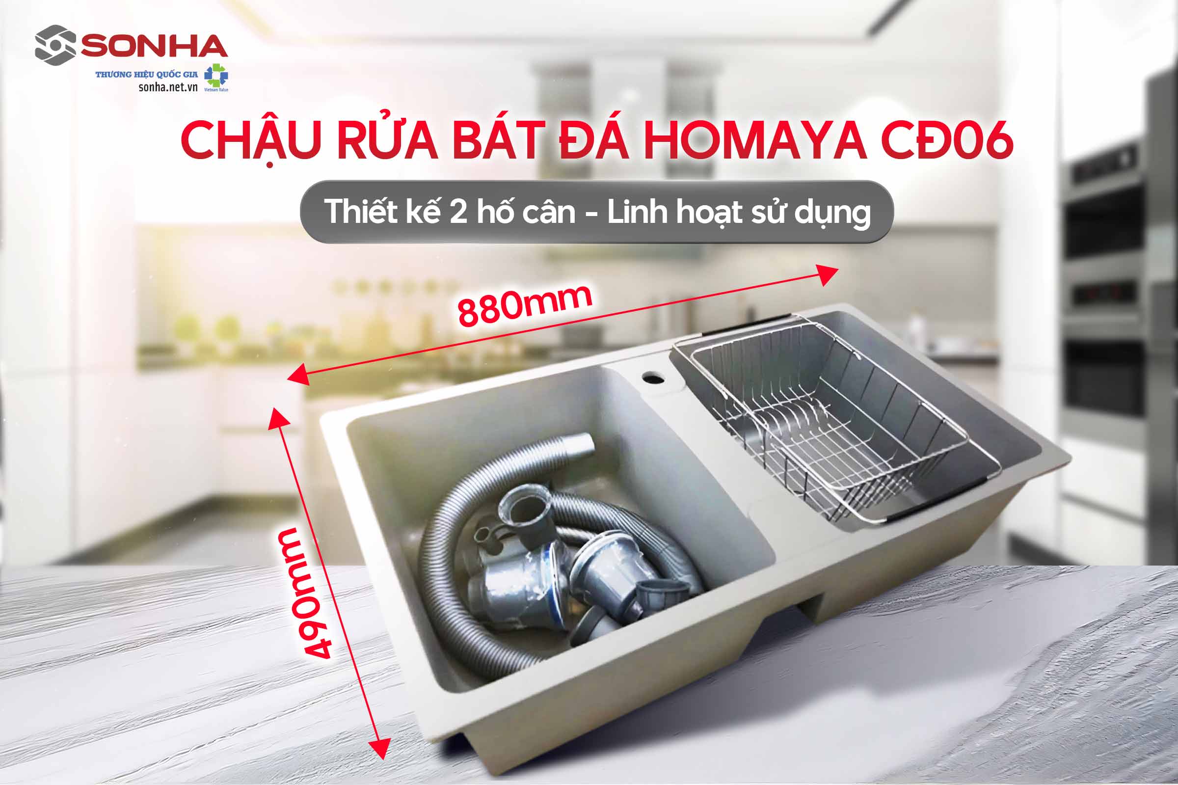 Chậu rửa bát đá Homaya CĐ06 sở hữu thiết kế 2 hố cân