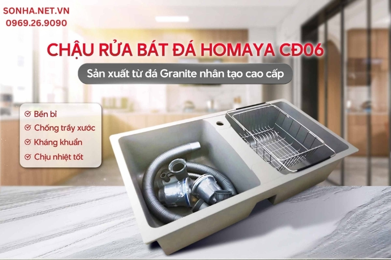 Bồn rửa chén bát Homaya CĐ06 được sản xuất từ chất liệu đá nhân tạo