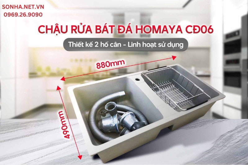 Chậu rửa bát đá Homaya CĐ06 sở hữu thiết kế 2 hố cân