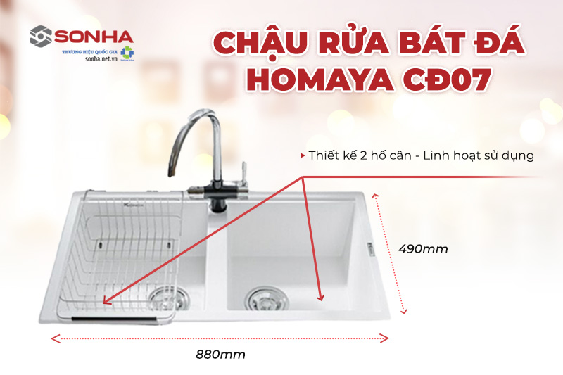 Chậu rửa bát đá Homaya CĐ07 sở hữu thiết kế 2 hố cân lớn