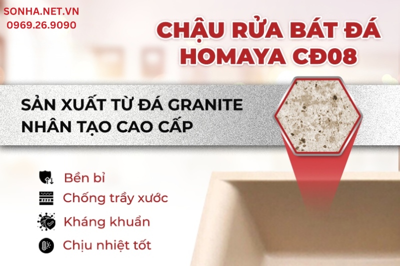Bồn rửa chén Homaya CĐ08 được chế tạo từ đá Granite cao cấp