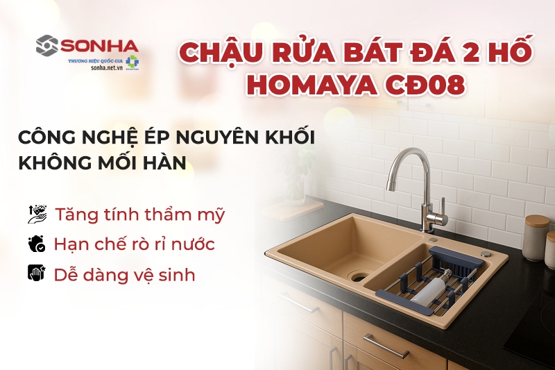 Chậu rửa bát đá Homaya CĐ08 được sản xuất theo công nghệ ép nguyên khối