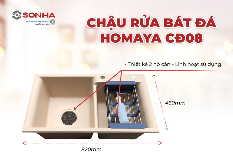 Chậu rửa bát đá Homaya CĐ08 có thiết kế 2 hố lệch