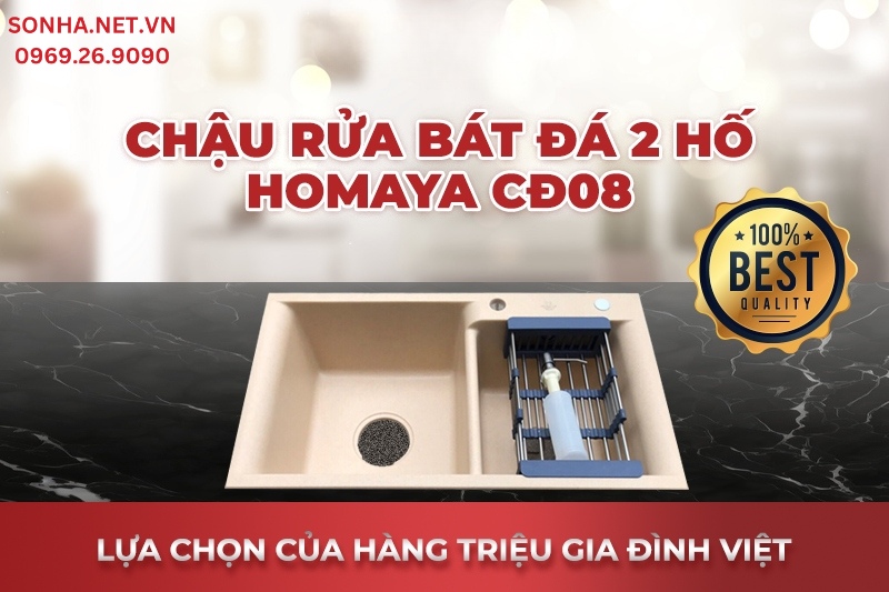 Siêu phẩm chậu rửa bát đá 2 hố lệch Homaya CĐ08