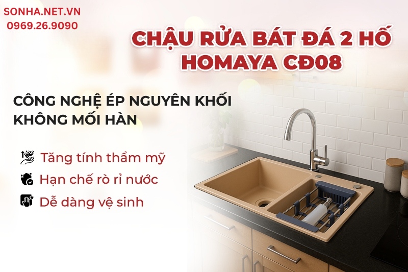 Chậu rửa bát đá Homaya CĐ08 được sản xuất theo công nghệ ép nguyên khối