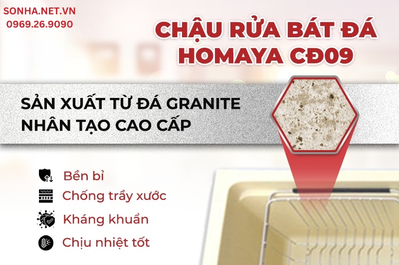 Chậu rửa b&aacute;t 2 hố Homaya được sản xuất từ đ&aacute; nh&acirc;n tạo cao cấp
