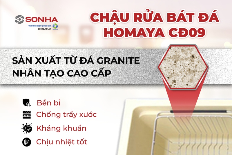  Chậu rửa bát 2 hố Homaya được sản xuất từ đá nhân tạo cao cấp