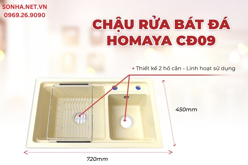 Bồn rửa ch&eacute;n b&aacute;t Homaya CĐ09 c&oacute; thiết kế 2 hố lệch tiện dụng