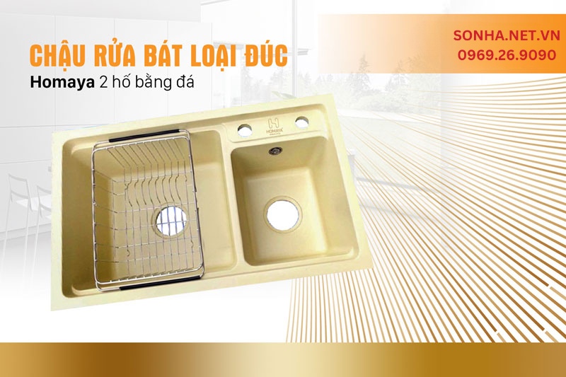 Chậu rửa đá đúc 2 hố Homaya HM2D8047 tiện ích, an toàn sức khoẻ