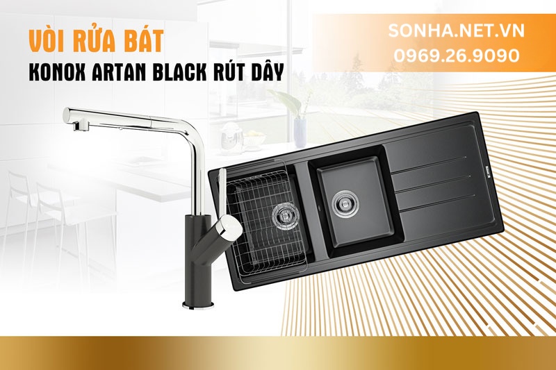 Gợi ý tuyệt hảo chậu Konox Sink Phoenix 1160-Black và vòi Artan Black