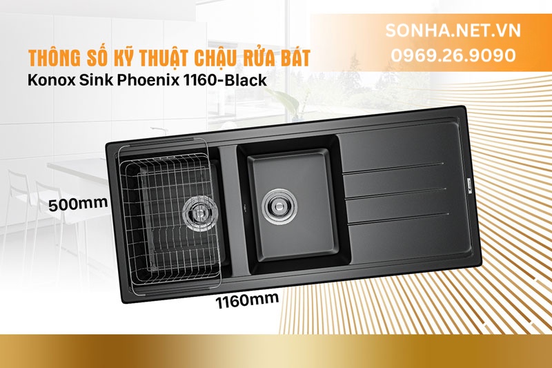 Kích thước chậu rửa bát đá Konox Sink Phoenix 1160-Black