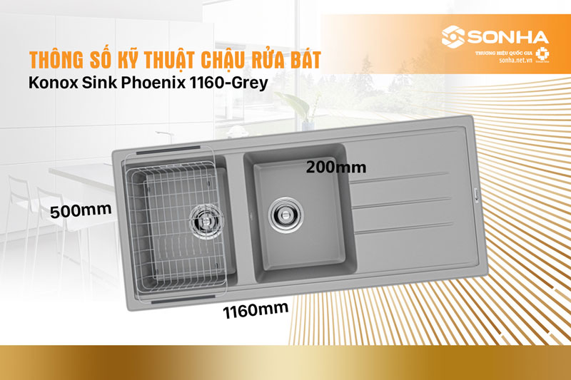 Thông số kỹ thuật chậu đá Konox Sink Phoenix 1160-Grey 