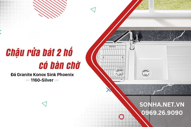 Chậu rửa bát 2 hố, có bàn chờ, đá Granite Konox Sink Phoenix 1160-Silver