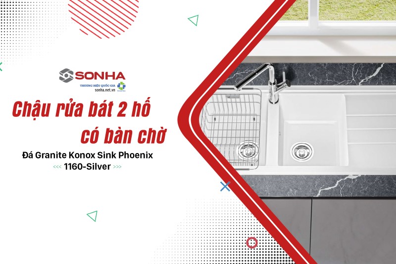 Chậu rửa bát 2 hố, có bàn chờ, đá Granite Konox Sink Phoenix 1160-Silver