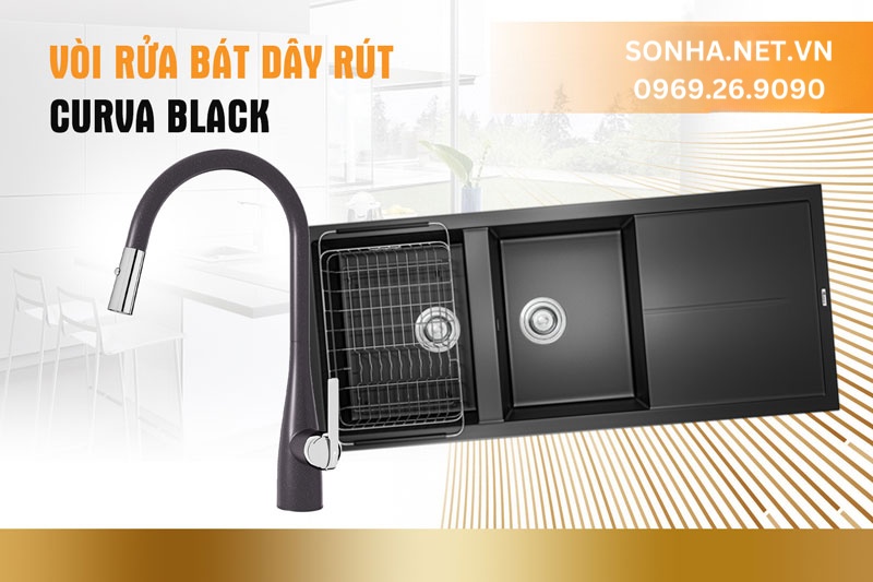 Chậu đ&aacute; Konox Sink Livello Smart 1160-Black v&agrave; v&ograve;i Curva Black tiện nghi căn bếp