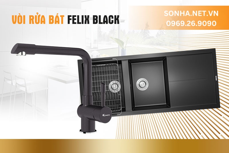 Kết hợp ho&agrave;n hảo giữa chậu đ&aacute; Konox Sink Livello Smart 1160-Black v&agrave; v&ograve;i Felix Black