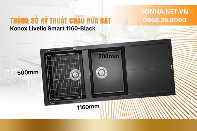 Th&ocirc;ng số kỹ thuật bồn đ&aacute; rửa ch&eacute;n Konox Sink Livello Smart 1160-Black