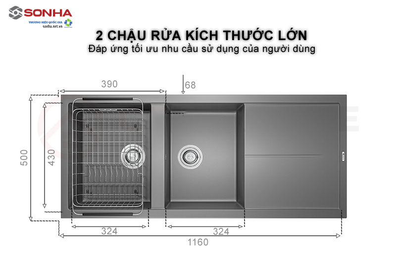 Chậu rửa bát 2 hố kích thước lớn thoải mái sử dụng