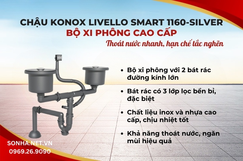 Chậu rửa bát Konox Granite Livello Smart 1160 Silver sở hữu bộ xi phông cao cấp
