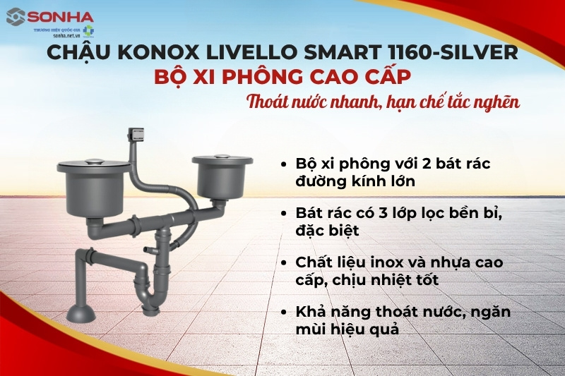 Chậu rửa bát Konox Granite Livello Smart 1160 Silver sở hữu bộ xi phông cao cấp