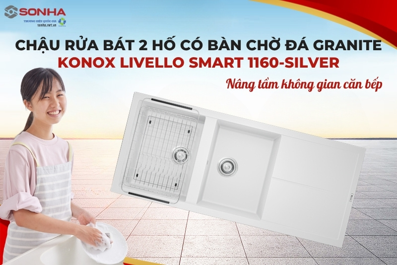 Siêu phẩm chậu rửa bát 2 hố Konox Granite Livello Smart 1160 White Silver