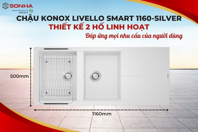 Chậu rửa bát Konox Granite Livello Smart 1160 Silver có thiết kế 2 hố 1 bàn chờ