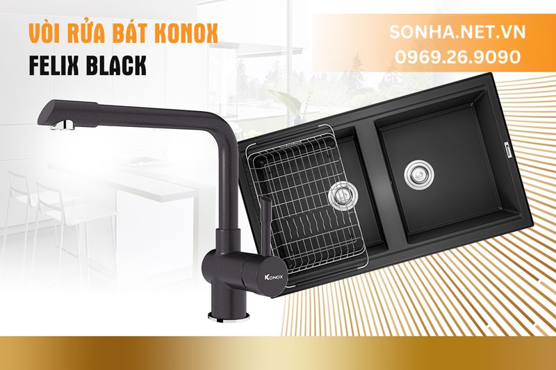 Chậu đá Konox Phoenix 860 Black và vòi Felix Black nâng tầm tiện ích căn bếp