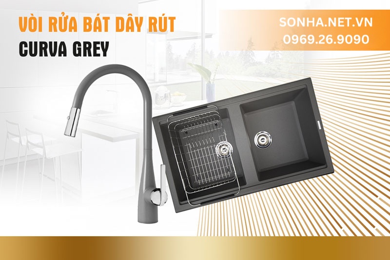 Bộ đôi tiện ích chậu đá Konox Phoenix 860 Grey và vòi Curva Grey