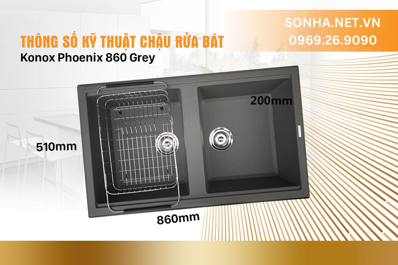 Thông số kỹ thuật chậu đá Konox Phoenix 860 Grey