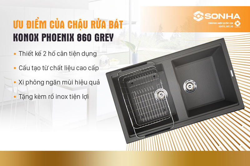 4 ưu điểm chậu rửa chén đá Konox Phoenix 860 Grey